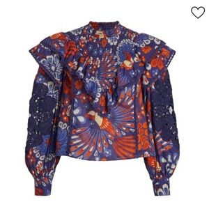 EUC Farm Rio Pineapple Flowers Ruffled Blouse - Blue and Red